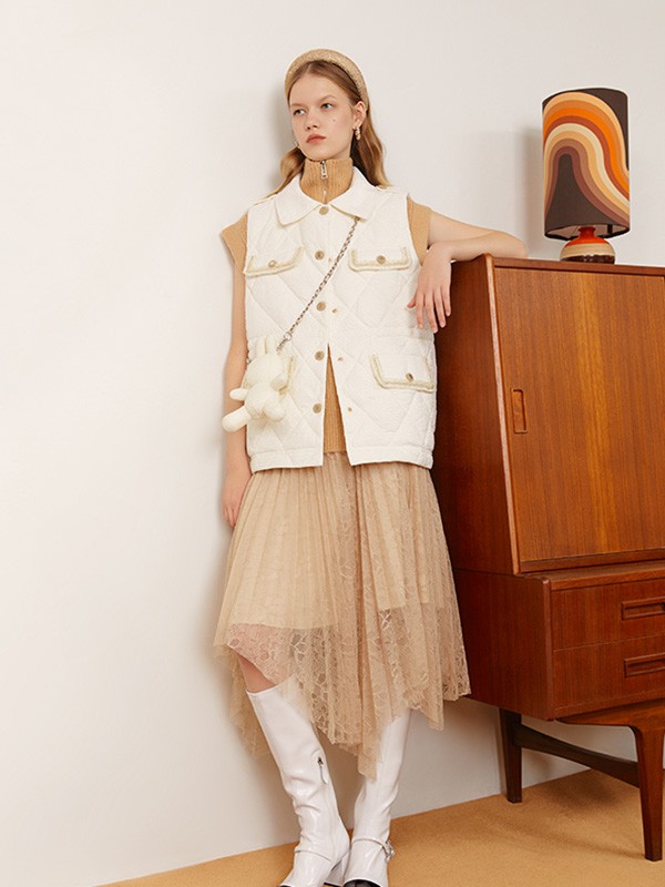 摩萨克女装2021秋冬季白色纯色马夹