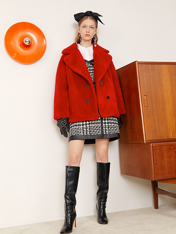 摩萨克女装2021秋冬季红色纯色大衣