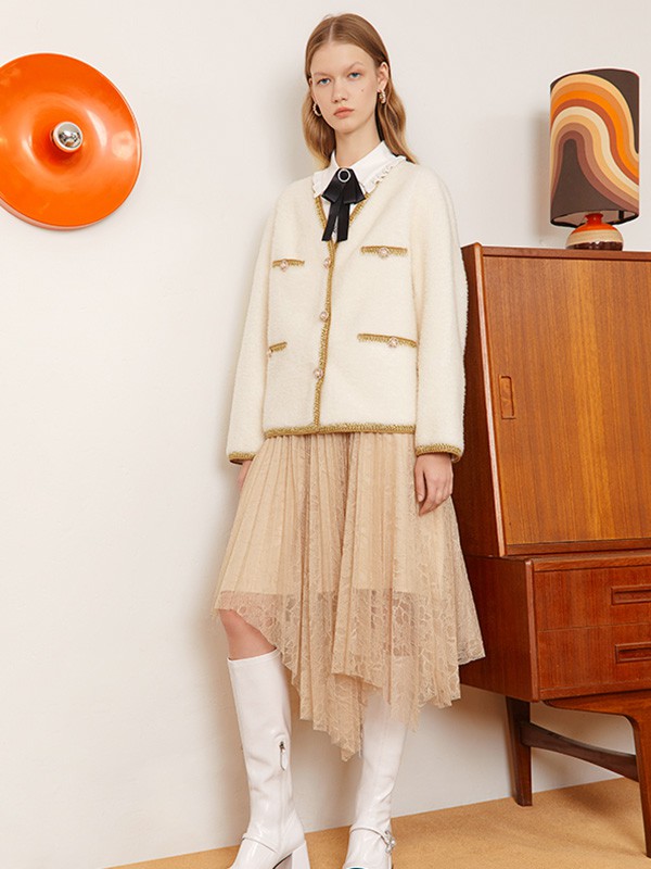 摩萨克女装2021秋冬季卡其色不对称纱裙