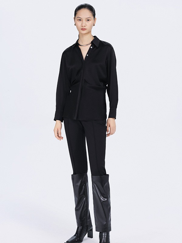 尹默IMMOBILE2021秋冬季黑色纯色雪纺衫