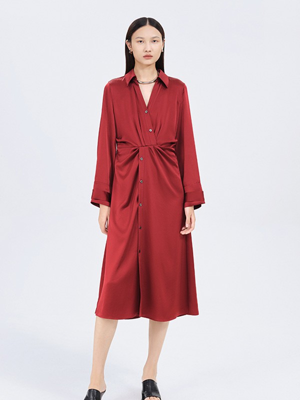 尹默IMMOBILE2021秋冬季红色褶皱连衣裙