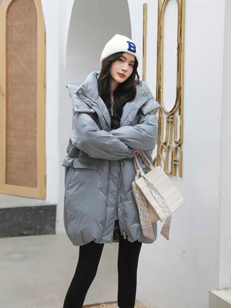 波莫娜女装2021秋冬季灰色连帽棉服