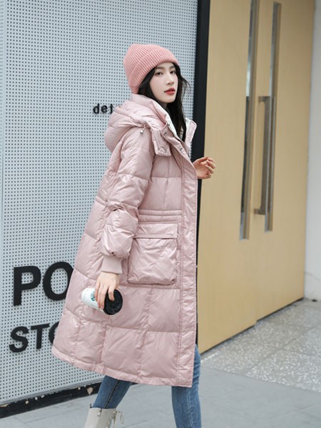 波莫娜女装2021秋冬季粉色印花派克服