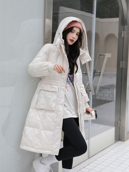 波莫娜女装2021秋冬季白色连帽棉服