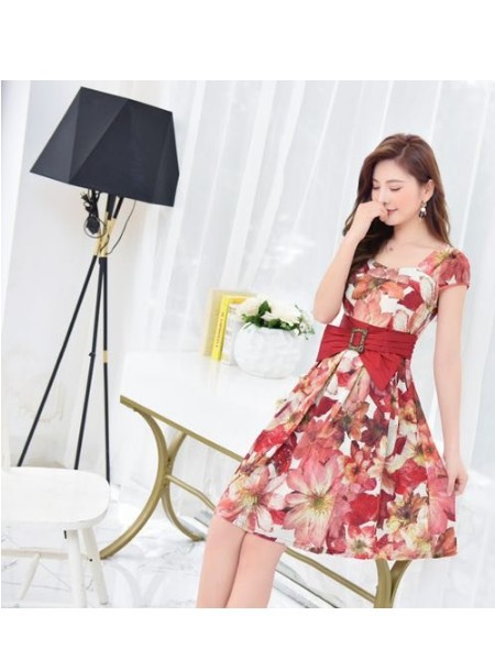 衣时代网女装2022春夏季红色印花连衣裙