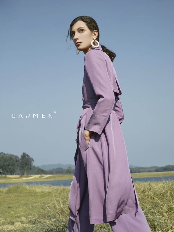 卡蔓2021春夏季紫色长款风衣