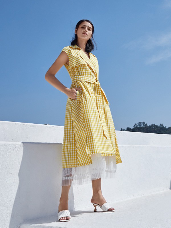 意澳2021春夏季黄色格子连衣裙
