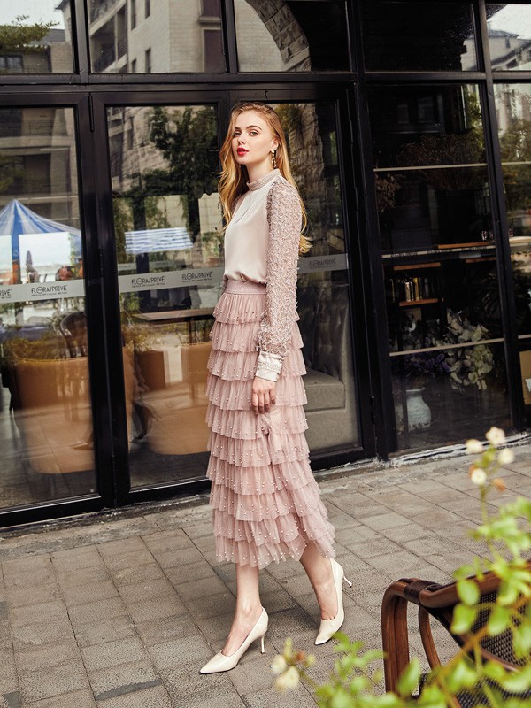 亮点2021春夏季粉色纱网半身裙