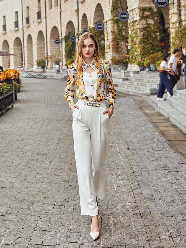 亮点2021春夏季黄色印花衬衫