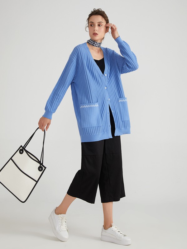 墨曲2021春夏季蓝色提花针织衫