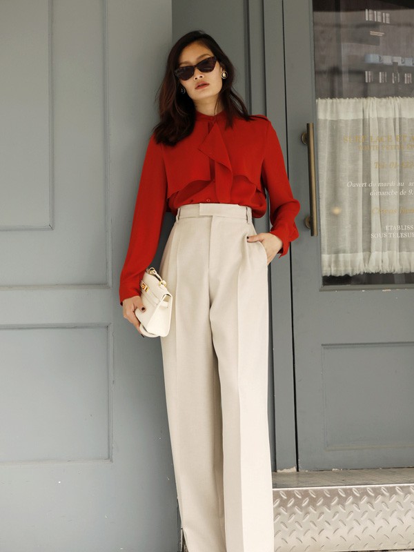 芮玛2021春夏季红色刺绣衬衫