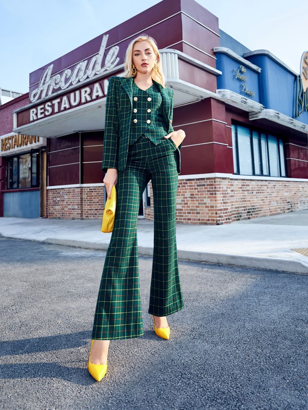 百丝2021春夏季绿色格子套装