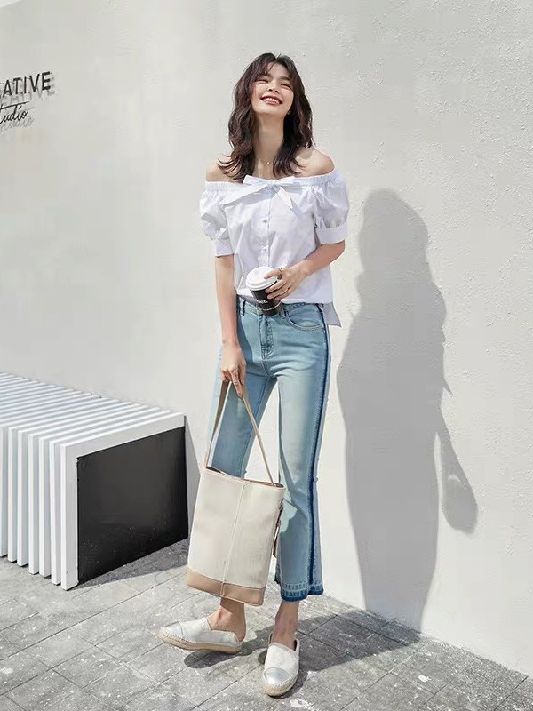 藏九2021春夏季藏蓝色一字肩衬衫