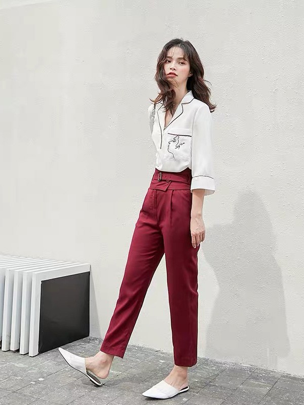 藏九2021春夏季红色高腰九分裤