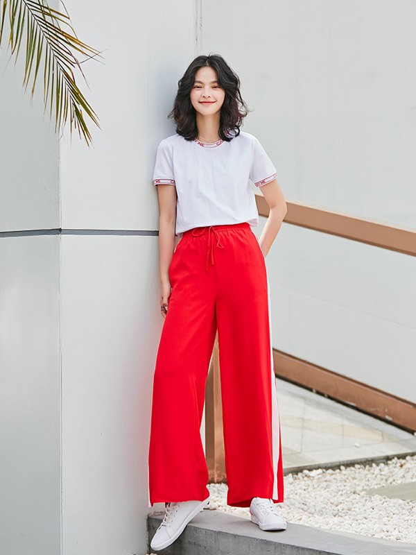 藏九2021春夏季红色长款阔腿裤