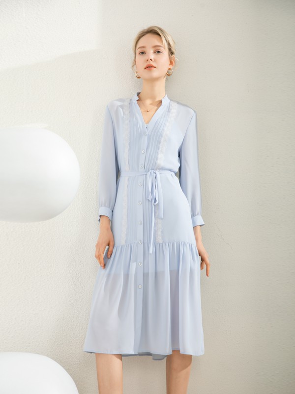 容悦2021春季浅蓝色纯色连衣裙