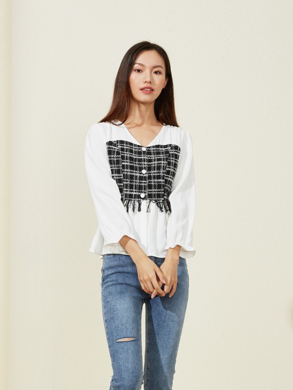 曈行2021春夏季白色拼接上衣