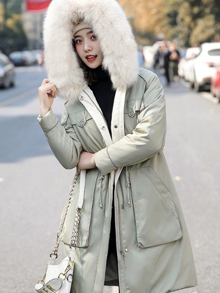 纳兰羽女装2020秋冬季绿色带毛领羽绒服