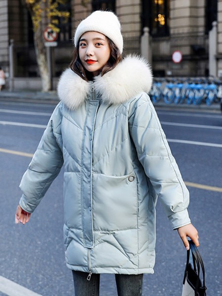 纳兰羽女装2020秋冬季绿色带毛领羽绒服