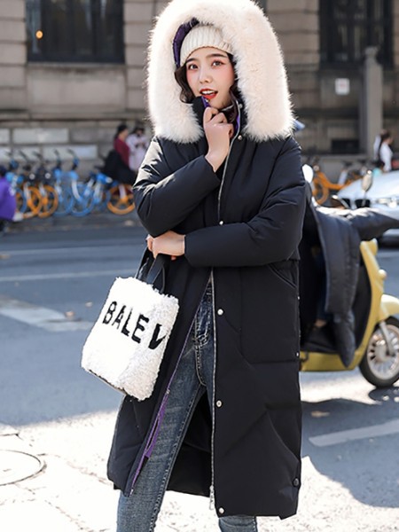 纳兰羽女装2020秋冬季黑色带毛领羽绒服