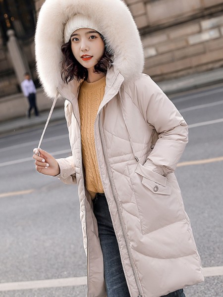 纳兰羽女装2020秋冬季米色带毛领羽绒服