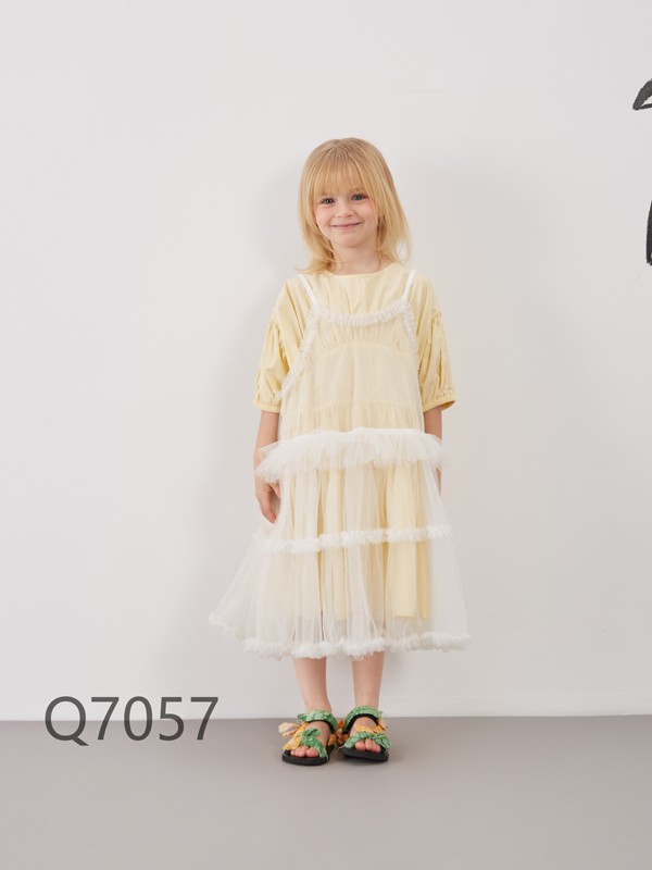 莫小汐童装2021春夏季黄色纱网连衣裙