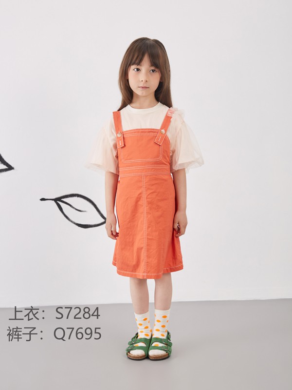 莫小汐童装2021春夏季橙色纯色背带裙