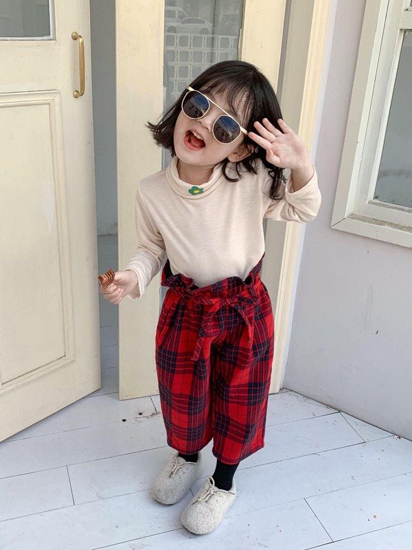 宾果童话2021春夏季红色格子长裤