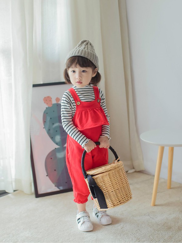 宾果童话2021春夏季红色纯色背带裤