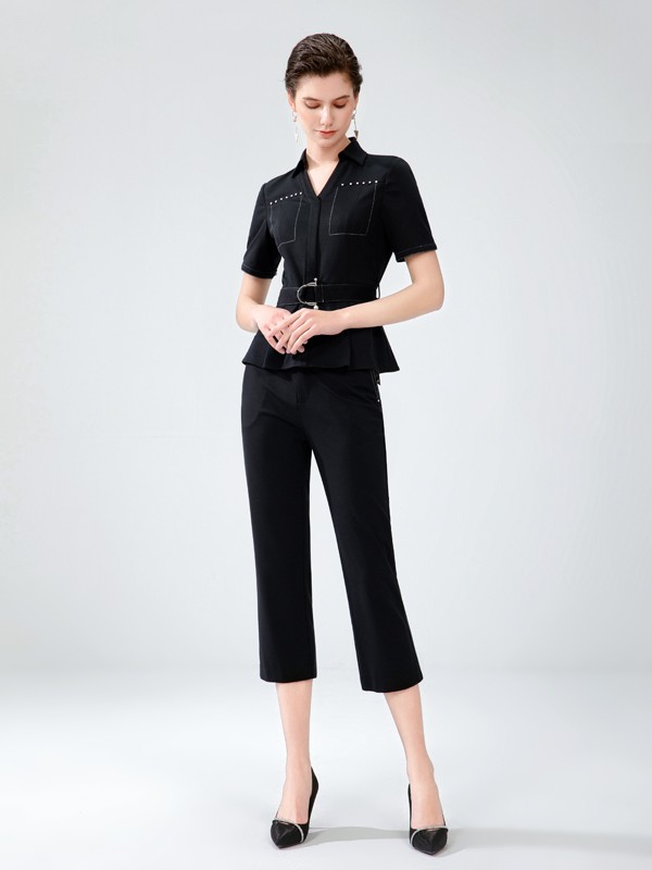 熙嬅2021春夏季黑色收腰上衣