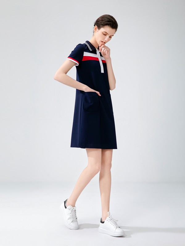 熙嬅2021春夏季藏蓝色宽松连衣裙