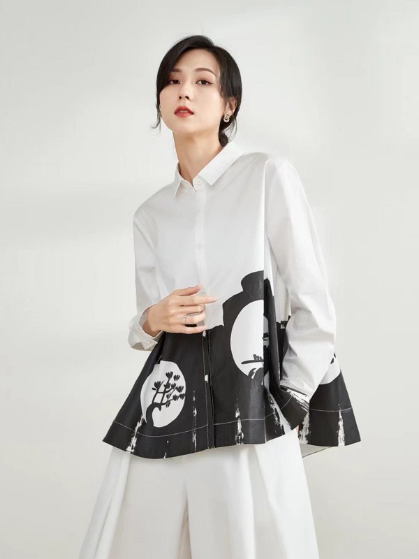 尼赫菲2021春夏季白色印花衬衫