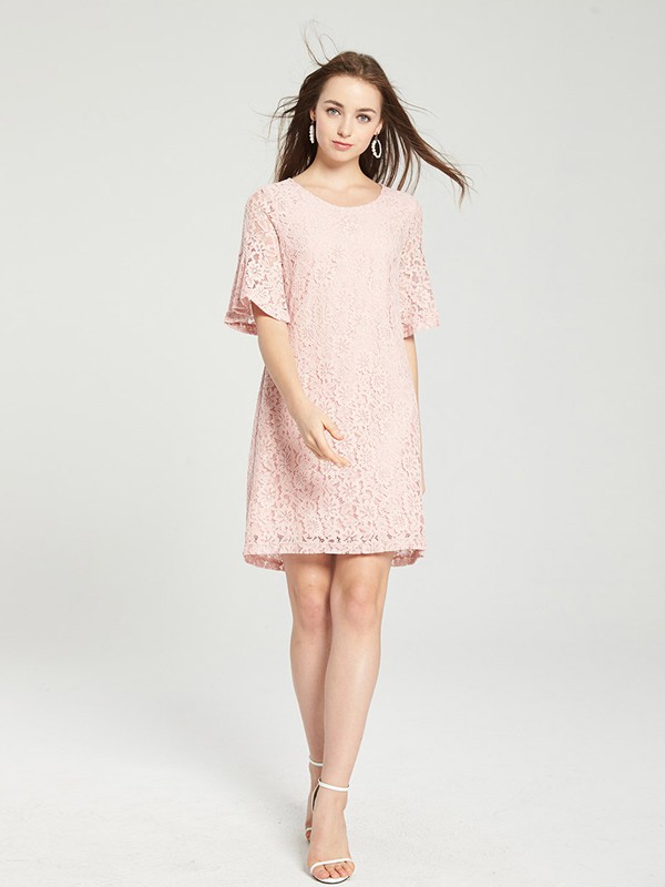 爱弗瑞女装2021春夏季粉色蕾丝连衣裙