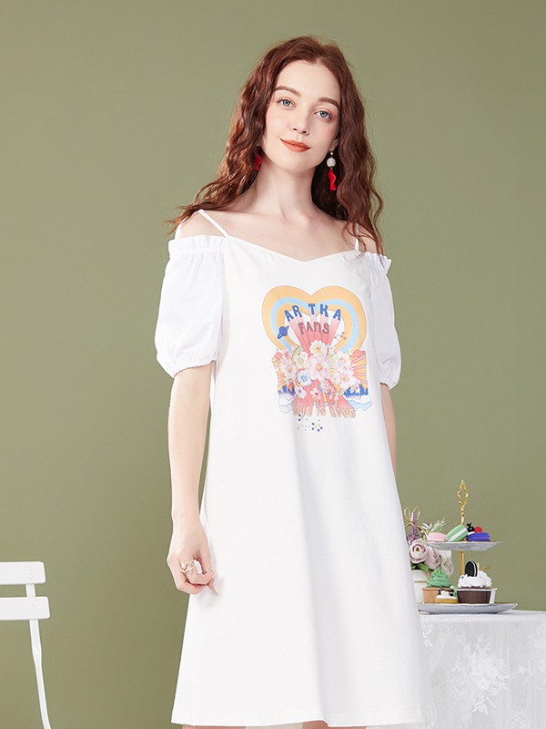 音菲梵2021春夏季白色印花连衣裙