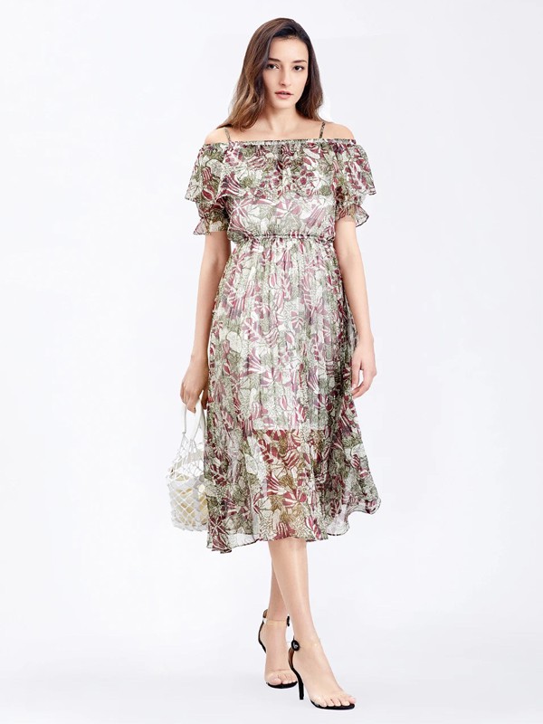 藏九2021春夏季绿色印花连衣裙