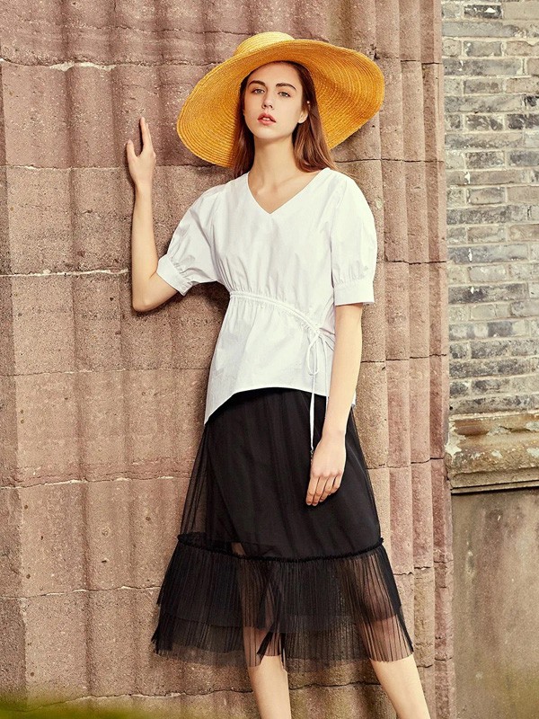 藏九2021春夏季白色褶皱上衣