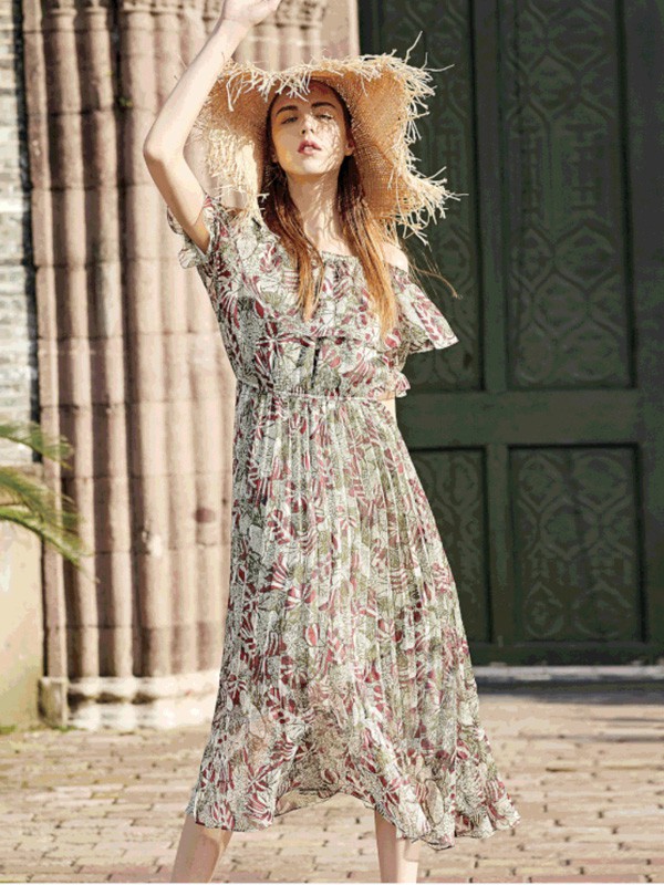 藏九2021春夏季绿色碎花连衣裙