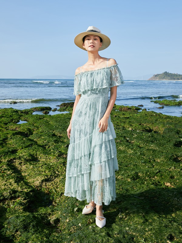 ANOTHERONE2021春夏季浅蓝色蕾丝连衣裙