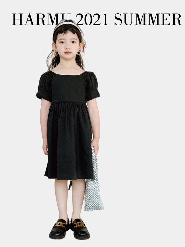 哈沐2021夏季黑色泡泡袖连衣裙