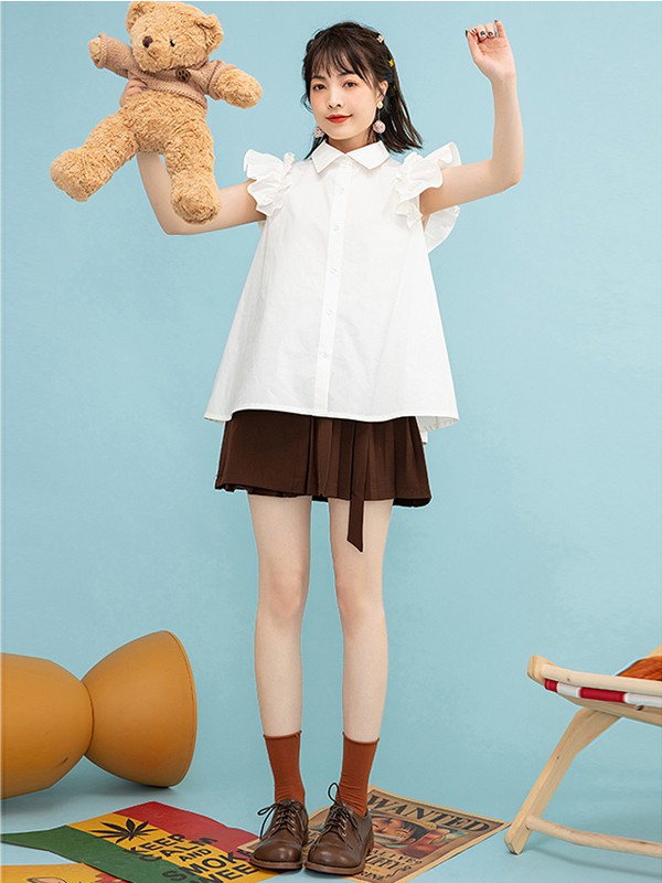 臻色调女装2021夏季白色木耳边衬衫