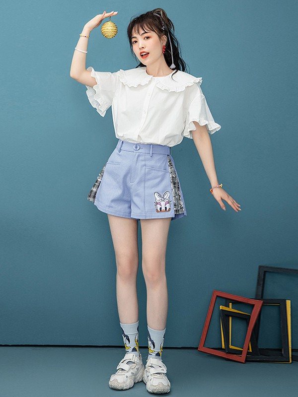 臻色调女装2021夏季蓝色拼接短裤