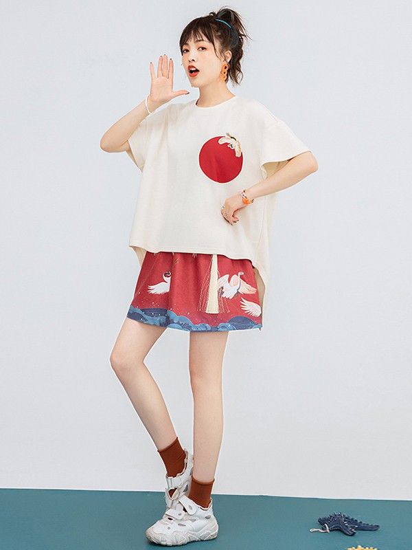 臻色调女装2021夏季红色印花短裤