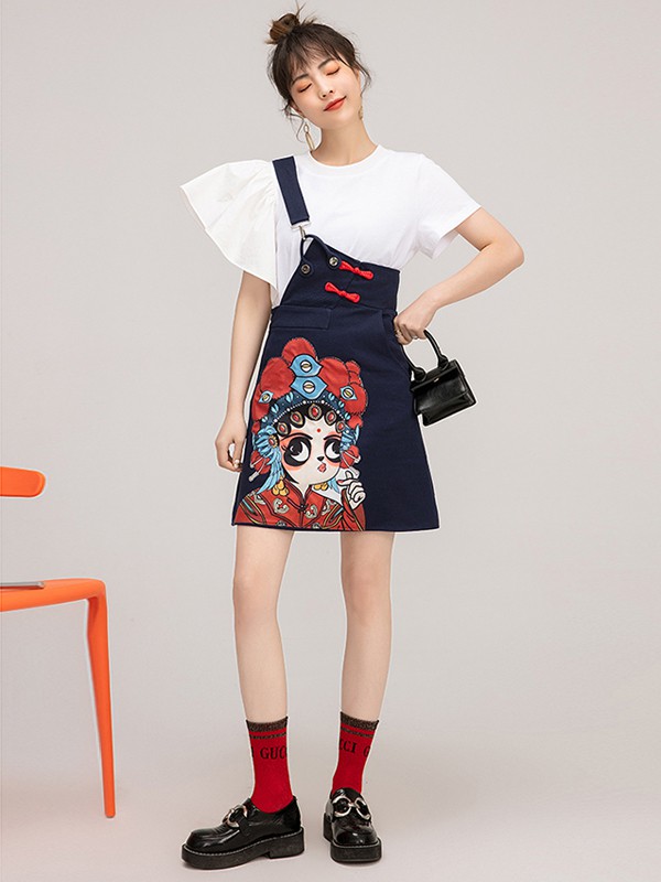 臻色调女装2021夏季藏蓝色印花背带裙