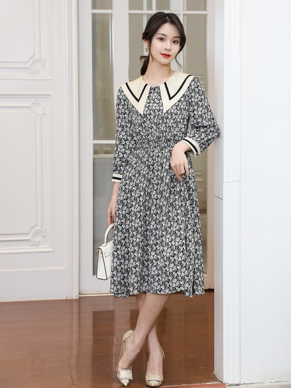 YOSUM2021春夏季黑色碎花连衣裙