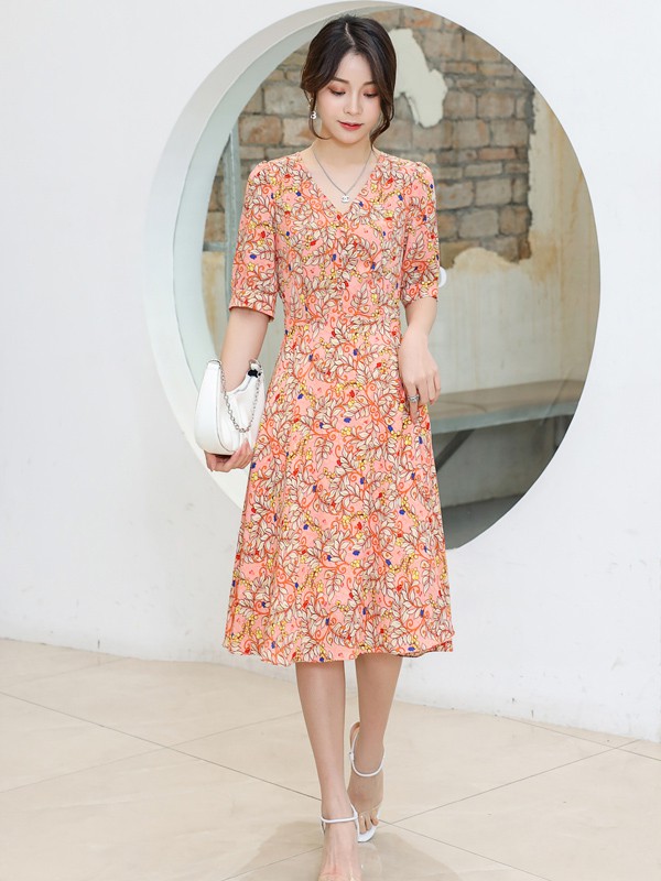 YOSUM2021春夏季橙色印花连衣裙