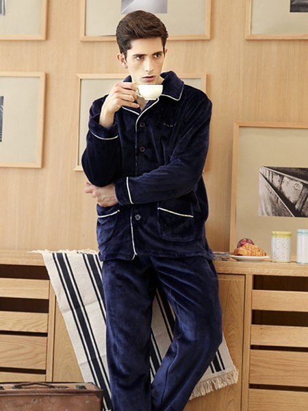 非常曲线2021春夏季藏蓝色纯色睡衣套装