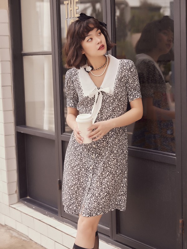 TITI2021春夏季黑色碎花连衣裙