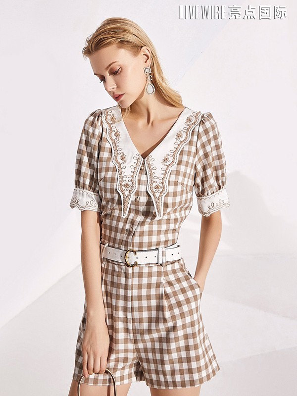 亮点2021夏季棕色格子连体裤