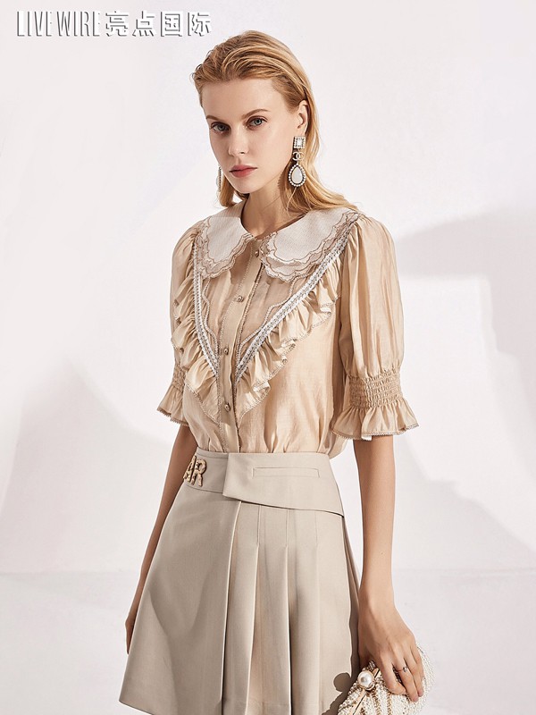 亮点2021夏季香槟色木耳边衬衫