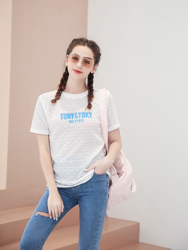 艾诺绮2021夏季白色印花T恤